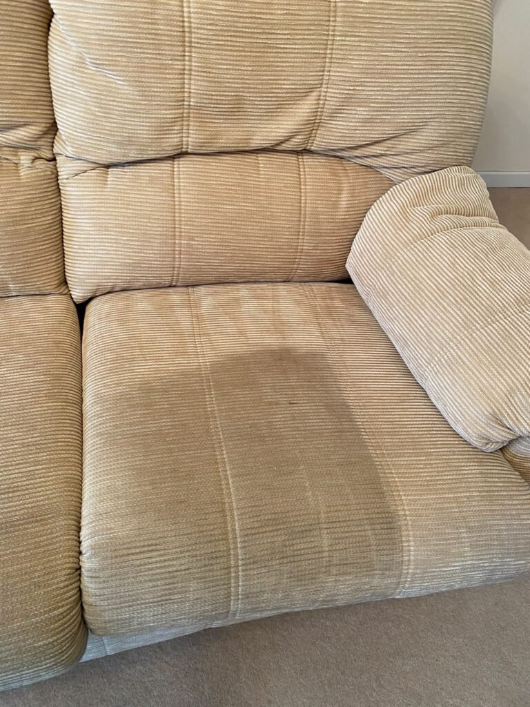 Armchair seat part way through an upholstery clean